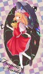 Rule 34 | 1girl, ascot, beniyosweet009, black umbrella, blonde hair, bow, breasts, brown footwear, character name, checkered background, closed mouth, crystal, flandre scarlet, from side, full body, hat, hat ribbon, head tilt, highres, holding, holding umbrella, laevatein (touhou), leaf, leaning back, looking at viewer, medium hair, medium skirt, mob cap, multicolored wings, pantyhose, puffy short sleeves, puffy sleeves, red bow, red eyes, red ribbon, red skirt, red vest, ribbon, shirt, short sleeves, simple background, skirt, skirt set, sleeve bow, sleeve ribbon, small breasts, touhou, umbrella, vest, white hat, white pantyhose, white shirt, wings, yellow ascot