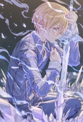 Rule 34 | 1boy, blonde hair, blue eyes, blue flower, blue pants, blue rose, blue rose sword, blush, breath, cold, eugeo, flower, highres, holding, holding sword, holding weapon, hxxg, ice, looking at viewer, male focus, pants, profile, rose, school uniform, short hair, solo, sword, sword art online, sword art online: alicization, sword mastery academy school uniform, weapon