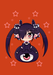 Rule 34 | 1girl, 1other, :&gt;, backbeako (torotei), backbeard, black dress, black footwear, black gloves, black hair, black ribbon, black thighhighs, blush, chibi, closed mouth, commentary request, dress, elbow gloves, full body, gegege no kitarou, gloves, hair over one eye, hair ribbon, long hair, looking at viewer, one-eyed, original, partial commentary, pointy ears, red background, red eyes, ribbon, simple background, sitting, sitting on person, sleeveless, sleeveless dress, star (symbol), straight-on, thighhighs, torotei, twintails
