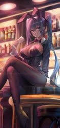 Rule 34 | 1girl, absurdres, alternate costume, animal ears, bar (place), blush, bow, breasts, brown pantyhose, cleavage, cropped jacket, crossed legs, cup, dasha, detached collar, fake animal ears, green eyes, hatsune miku, highres, holding, holding cup, large breasts, leotard, long hair, looking at viewer, pantyhose, playboy bunny, rabbit ears, sidelocks, sitting, solo, twintails, vocaloid, wrist cuffs