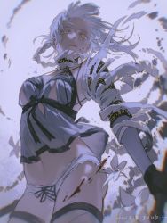 Rule 34 | 1girl, absurdres, bandages, bandaged arm, bandages, black gloves, blue dress, breasts, dizi930, dress, dutch angle, floating hair, from below, gloves, hair behind ear, hair rings, highres, kaine (nier), lingerie, looking to the side, medium breasts, negligee, nier, nier (series), panties, parted lips, solo, thighhighs, underwear, white hair, white panties, yellow eyes