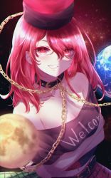 Rule 34 | 1girl, absurdres, bare shoulders, belt, breasts, chain, chromatic aberration, cleavage, collar, collarbone, crossed arms, earth (ornament), english text, gold chain, hecatia lapislazuli, highres, large breasts, long hair, looking at viewer, midriff, mizore arius, moon (ornament), navel, red eyes, red hair, shirt, smile, solo, space, star (sky), t-shirt, teeth, touhou, upper body