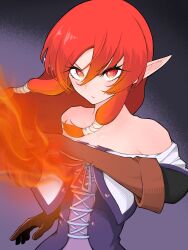 Rule 34 | 1girl, absurdres, bare shoulders, brown gloves, fire, gloves, helck, highres, kokekokko, looking at viewer, magic, matching hair/eyes, pointy ears, red eyes, red hair, solo, vermilio (helck)