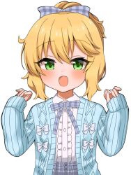 Rule 34 | 1girl, :o, blonde hair, blue cardigan, blush, bow, bowtie, buttons, cardigan, checkered bow, checkered bowtie, checkered clothes, checkered skirt, dot nose, flat chest, frilled shirt, frills, green eyes, hair between eyes, hair bow, hands up, idolmaster, idolmaster cinderella girls, long sleeves, looking at viewer, medium hair, open cardigan, open clothes, ponytail, purple bow, purple bowtie, purple skirt, sakurai momoka, shirt, sidelocks, sinjin 46, skirt, solo, upper body, wavy hair, white background, white bow, white shirt