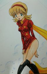 Rule 34 | 1girl, absurdres, ashigaki radar, black footwear, blonde hair, blush, boots, breasts, cyborg 009, dress, dress tug, embarrassed, francoise arnoul, green eyes, hairband, highres, knee boots, long sleeves, looking down, medium breasts, no panties, open mouth, pussy, red dress, scarf, short hair, smoke, standing, sweat, white background, yellow scarf