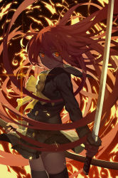 Rule 34 | 1girl, backlighting, black serafuku, black shirt, black skirt, black thighhighs, blouse, bow, buttons, closed mouth, clothes lift, club3, cowboy shot, double-breasted, fire, floating hair, gradient background, hair between eyes, highres, holding, holding sword, holding weapon, jewelry, lens flare, long hair, long sleeves, looking at viewer, miniskirt, necklace, pendant, red eyes, red hair, ringed eyes, scabbard, school uniform, serafuku, shakugan no shana, shana, sheath, shirt, skirt, skirt lift, solo, standing, sword, thighhighs, unsheathed, very long hair, weapon, yellow bow