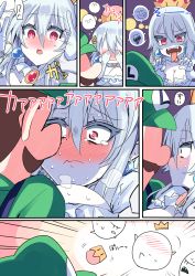 Rule 34 | 1boy, 1girl, :o, blouse, blue overalls, blush, boo (mario), breasts, cleavage, colored skin, comic, covering own eyes, crown, dress, earrings, embarrassed, emphasis lines, face-to-face, faceless, faceless male, facial hair, fang, fangs, green hat, green shirt, hands up, hat, highres, himiya jouzu, holding another&#039;s wrist, imminent kiss, jewelry, king boo, large breasts, long hair, luigi, luigi&#039;s mansion, mario, mario (series), mustache, nintendo, nose blush, overalls, parted lips, princess king boo, red eyes, shirt, silver hair, super crown, sweatdrop, tears, tongue, tongue out, white dress, white skin