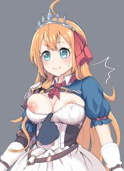 Rule 34 | 1girl, absurdres, ahoge, armor, arms at sides, artist request, blue eyes, blush, breasts, breasts out, false smile, grey background, highres, long hair, medium breasts, nipple slip, nipples, orange hair, pauldrons, pecorine (princess connect!), princess connect!, shoulder armor, simple background, smile, solo, upper body