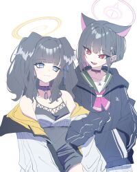 Rule 34 | 2girls, animal ears, black camisole, black hair, blue archive, blue eyes, camisole, closed mouth, collar, colored inner hair, dog ears, extra ears, hair ornament, hair ribbon, hairclip, halo, hand in pocket, hibiki (blue archive), highres, hood, hoodie, jacket, jacket partially removed, kamiyama sumu, kazusa (blue archive), long sleeves, looking at another, multicolored hair, multiple girls, neckerchief, open clothes, open jacket, open mouth, pink hair, purple collar, red eyes, ribbon, sailor collar, simple background, smile, two-tone hair, upper body, white background