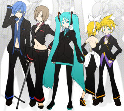 Rule 34 | 2boys, 3girls, aqua hair, brother and sister, everyone, formal, hatsune miku, kagamine len, kagamine rin, kaito (vocaloid), meiko (vocaloid), multiple boys, multiple girls, pant suit, pants, pantyhose, pupps, siblings, skirt, skirt suit, suit, twins, twintails, vocaloid