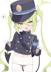 Rule 34 | 1girl, armband, black panties, blue archive, blue armband, blush, cropped jacket, demon tail, earrings, fang, gamuo, green hair, hair between eyes, halo, hat, heart, nozomi (blue archive), holding own tail, jewelry, long hair, looking at viewer, navel, no pants, open mouth, panties, panties under pantyhose, pantyhose, peaked cap, pointy ears, simple background, single earring, skin fang, smile, solo, spoken heart, tail, twintails, underwear, white background, white pantyhose, yellow eyes