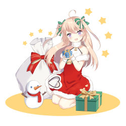 Rule 34 | 1girl, :d, ahoge, bare shoulders, blush, bow, box, clothing cutout, commentary request, dress, fur-trimmed dress, fur collar, fur trim, gift, gift box, green bow, hair between eyes, hair bow, head tilt, heart cutout, highres, holding, holding gift, jiucheng nainai, light brown hair, open mouth, purple eyes, red bow, red dress, round teeth, sack, shadow, sleeveless, sleeveless dress, smile, snowman, solo, star (symbol), striped, striped bow, teeth, two side up, upper teeth only, vauquelin (warship girls r), warship girls r, white background