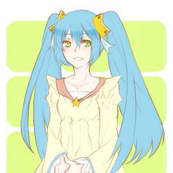 Rule 34 | 1girl, atlus, blue hair, breasts, collarbone, dress, facing viewer, green eyes, hair between eyes, hair tie, happy, hexyz force, long hair, long sleeves, looking at viewer, lowres, luffina gemini, official art, own hands together, parted lips, simple background, small breasts, smile, solo, source, star (symbol), tobe sunaho, twintails, upper body, white background