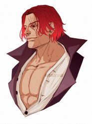 Rule 34 | 1boy, abs, artist name, black eyes, closed mouth, collarbone, commentary, english commentary, facial hair, male focus, one piece, red hair, scar, scar across eye, scar on face, shanks (one piece), short hair, sid (skxviii), simple background, solo, white background