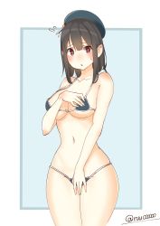 Rule 34 | 1girl, absurdres, beret, bikini, black hair, blue background, blue bikini, blue hat, blush, border, breasts, collarbone, embarrassed, hat, highres, kantai collection, large breasts, looking at viewer, micro bikini, navel, outside border, parted lips, red eyes, short hair, simple background, solo, standing, sweatdrop, swimsuit, takao (kancolle), twitter username, upper body, uru (uru0000), white border