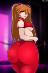 Rule 34 | 1girl, artist name, ass, ass focus, breasts, brown hair, choker, crop top, from behind, highres, huge ass, long hair, looking back, medium breasts, neon genesis evangelion, orange hair, pants, shiny clothes, shiny skin, smile, solo, souryuu asuka langley, thick thighs, thighs, twintails, uncensored, wide hips, yoga pants, zonen404