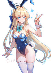 Rule 34 | 1girl, absurdres, animal ears, aqua bow, aqua bowtie, banhuaaidie, bare shoulders, black hairband, blonde hair, blue archive, blue bow, blue eyes, blue halo, blue leotard, blue outline, bow, bowtie, braid, breasts, cleavage, closed mouth, covered navel, cowboy shot, dated, detached collar, earpiece, expressionless, fake animal ears, fake tail, grey halo, groin, hair bow, hair intakes, hairband, halo, hand up, highleg, highleg leotard, highres, leotard, light blush, long hair, medium breasts, microphone, official alternate costume, outline, rabbit ears, rabbit tail, signature, skin tight, skindentation, solo, sparkle, split mouth, strapless, strapless leotard, tail, thighhighs, toki (blue archive), toki (bunny) (blue archive), v, very long hair, white background, white tail, white thighhighs, wrist cuffs