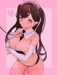 Rule 34 | bikini, brown hair, character request, covering breasts, covering privates, elbow gloves, gloves, heart, long ears, maid bikini, maid headdress, pink eyes, tagme, twintails, unconventional maid, white gloves