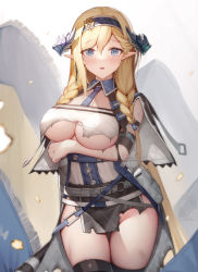 Rule 34 | 1girl, absurdres, arknights, arm strap, arm under breasts, banner, bare shoulders, belt, belt pouch, black skirt, black thighhighs, blonde hair, blue eyes, blue hairband, blue necktie, blush, braid, breasts, capelet, cowboy shot, dragon horns, emblem, grey capelet, grey shirt, groin, hairband, highres, horns, injury, jean.organ, large breasts, long hair, looking at viewer, miniskirt, necktie, parted lips, pointy ears, pouch, saileach (arknights), shirt, skindentation, skirt, smile, solo, thigh gap, thighhighs, thighs, torn clothes, torn shirt, torn skirt, twin braids, very long hair, wing collar