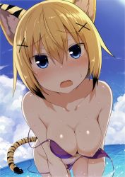 Rule 34 | 1girl, absurdres, animal ears, bare arms, bare legs, bare shoulders, bent over, bikini, blonde hair, blue eyes, blue sky, blush, breasts, breasts squeezed together, censored, cleavage, cloud, cloudy sky, collarbone, cowboy shot, day, dutch angle, embarrassed, fang, fisheye, greatmosu, hair between eyes, hair ornament, hairclip, highres, horizon, leaning forward, looking at viewer, medium breasts, mosaic censoring, multicolored hair, nipples, non-web source, nose blush, o-ring, o-ring bikini, ocean, open mouth, outdoors, puffy nipples, purple bikini, scan, short hair, side-tie bikini bottom, sky, solo, standing, strap slip, streaked hair, swimsuit, tail, tiger ears, tiger girl, tiger tail, toranoana, two-tone hair, untied bikini, wardrobe malfunction, water, wet, x hair ornament