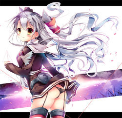 Rule 34 | 10s, 1girl, amatsukaze (kancolle), ass, black panties, brown eyes, clothes lift, dress, dress lift, from behind, hair tubes, headgear, kantai collection, letterboxed, long hair, looking at viewer, looking back, nanamomo rio, panties, paper airplane, red thighhighs, sailor collar, sailor dress, silver hair, solo, striped clothes, striped thighhighs, thighhighs, two side up, underwear