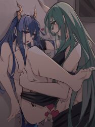 Rule 34 | 2girls, absurdres, against wall, arknights, blue hair, blush, breasts, ch&#039;en (arknights), commentary, cum, cum in pussy, dragon girl, dragon horns, dragon tail, futa with female, futanari, green hair, heavy breathing, highres, horns, hoshiguma (arknights), long hair, material growth, medium breasts, multiple girls, nude, oni, open mouth, oripathy lesion (arknights), red eyes, scar, sex, sidelocks, single horn, skin-covered horns, tail, teeth, togekk0, twitching, upper teeth only, yellow eyes