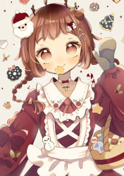 Rule 34 | 1girl, absurdres, animal ears, antlers, apron, arm up, ascot, basket, blush, braid, brown eyes, choker, christmas, closed mouth, collared dress, cookie, deer ears, dress, food, food in mouth, frilled apron, frills, hair ornament, hairclip, hairpin, highres, horns, jewelry, long hair, long sleeves, looking at viewer, mittens, nagihoko, necklace, necktie, original, puffy long sleeves, puffy sleeves, reindeer antlers, short apron, short bangs, sleeve bow, smile, solo, waving