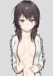 Rule 34 | 10s, 1girl, black hair, breasts, closed mouth, grey background, hayasui (kancolle), jacket, kantai collection, long sleeves, naked jacket, navel, no bra, short hair, simple background, solo, track jacket, twitter username, you06