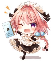 Rule 34 | 1boy, ;d, alternate costume, apron, astolfo (fate), black bow, black thighhighs, blush, bow, bowtie, braid, chibi, cup, enmaided, fang, fate/apocrypha, fate (series), frills, garter straps, hair bow, long braid, long hair, long sleeves, looking at viewer, maid, maid apron, maid headdress, male focus, menu, official alternate costume, one eye closed, open mouth, pink hair, purple eyes, simple background, smile, solo, teacup, teapot, thighhighs, trap, white background
