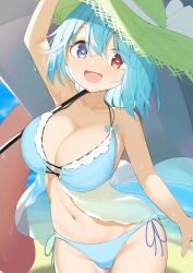 Rule 34 | 1girl, :d, arm up, bikini, blue bikini, blue eyes, blue hair, breasts, cleavage, commentary request, green hat, hat, heart, heart-shaped pupils, heterochromia, karakasa obake, large breasts, looking at viewer, open mouth, piyodesu, short hair, smile, solo, straw hat, swimsuit, symbol-shaped pupils, tatara kogasa, touhou, umbrella