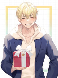 Rule 34 | 1boy, blonde hair, blue jacket, box, closed eyes, earrings, gift, gift box, hao (haozz), holding, holding gift, hood, hood down, hoodie, jacket, jewelry, looking at viewer, male focus, matsuno chifuyu, open clothes, open jacket, short hair, simple background, single earring, smile, solo, teeth, tokyo revengers, upper body, white hoodie