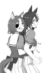Rule 34 | 2girls, absurdres, animal ears, annoyed, back bow, bow, clenched teeth, clothing cutout, commentary request, ear ornament, eyepatch, grabbing, grabbing another&#039;s breast, grabbing from behind, greyscale, grimace, highres, horse ears, horse girl, horse tail, long hair, miya nns35, monochrome, multiple girls, pleated skirt, puffy short sleeves, puffy sleeves, sailor collar, school uniform, shirt, short sleeves, simple background, sirius symboli (umamusume), skirt, tail, tail through clothes, tanino gimlet (umamusume), teeth, thighhighs, tracen school uniform, umamusume, very long hair, white background, yuri