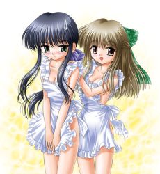 Rule 34 | 2girls, :d, apron, apron pull, bare shoulders, black hair, blush, bow, brown eyes, brown hair, clothes pull, collarbone, frown, green eyes, hair bow, kanon, kawasumi mai, kurata sayuri, looking at viewer, multiple girls, naked apron, open mouth, simple background, smile, standing, sweatdrop, yellow background