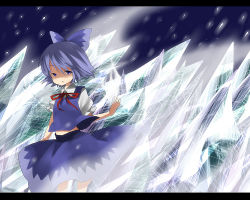 Rule 34 | 1girl, blue eyes, blue hair, bow, cirno, hair bow, ice, letterboxed, matching hair/eyes, midriff, mikan (ama no hakoniwa), open mouth, short hair, skirt, solo, touhou, wings