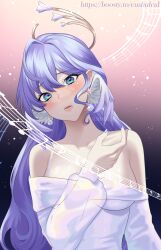 Rule 34 | 1girl, absurdres, alternate costume, bare shoulders, blue dress, blue eyes, crying, crying with eyes open, dress, eushufeal, highres, honkai: star rail, honkai (series), long hair, long sleeves, looking at viewer, applying manicure, musical note, non-web source, off-shoulder dress, off shoulder, open mouth, purple hair, robin (honkai: star rail), self-upload, solo, staff (music), tears, very long hair, wings
