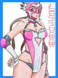 Rule 34 | 1girl, alternate costume, blush, breasts, brown eyes, brown hair, cleavage, clothing cutout, elbow gloves, elbow pads, faux traditional media, fingerless gloves, gloves, hand on own hip, heart, heart cutout, jaycee (tekken), jewelry, julia chang, large breasts, leotard, long hair, mask, namco, pendant, solo, tekken, tekken tag tournament 2, twintails, uzzy corn, wrestling outfit