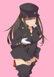 Rule 34 | &gt;:&lt;, 1girl, :&lt;, belt, between legs, blush, breasts, brown hair, character request, closed mouth, clothes pull, commentary request, gloves, hair between eyes, hand between legs, hat, highres, hitoyo hitoyo ni otome goro, impossible clothes, impossible shirt, long hair, long sleeves, looking at viewer, maruto!, medium breasts, pants, pants pull, peaked cap, pink background, pink eyes, grabbing own breast, shirt, simple background, solo, star (symbol), sweatdrop, v-shaped eyebrows, white gloves