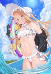 Rule 34 | abigail williams (fate), abigail williams (swimsuit foreigner) (fate), abigail williams (swimsuit foreigner) (third ascension) (fate), abs, absurdres, bare shoulders, bikini, blonde hair, blue eyes, blue sky, blush, bonnet, bow, braid, breasts, fate/grand order, fate (series), hair bow, hat, highres, innertube, jacket, long hair, looking at viewer, miniskirt, navel, open clothes, open jacket, outdoors, parted bangs, quatthro, skirt, sky, small breasts, solo, strapless, strapless bikini, swim ring, swimsuit, thighs, twin braids, water