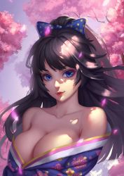 Rule 34 | 1girl, aojiao pinru, bare shoulders, black hair, blue bow, blue eyes, blush, bow, breasts, cleavage, closed mouth, collarbone, hair bow, honkai (series), honkai impact 3rd, large breasts, long hair, looking at viewer, ponytail, raiden mei, smile, solo, upper body