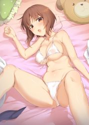 Rule 34 | 10s, 1girl, :o, bare arms, bare legs, bare shoulders, bed, bed sheet, bikini, blush, boko (girls und panzer), breasts, brown eyes, brown hair, cleavage, collarbone, commentary request, covered erect nipples, from above, front-tie bikini top, front-tie top, girls und panzer, halterneck, highres, icomochi, large breasts, legs up, looking at viewer, looking up, lying, navel, nishizumi miho, on back, on bed, open mouth, partially visible vulva, pillow, ribbon, shiny skin, short hair, solo, spread legs, stomach, swimsuit, tareme, underboob, untied bikini, white bikini, white ribbon