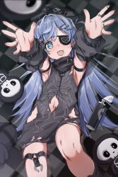 Rule 34 | 1girl, :3, :d, absurdres, arm belt, armpits, arms up, black footwear, black nails, blue eyes, blue hair, bone hair ornament, cartoon bone, chain, checkered floor, dress, ear piercing, eyepatch, from above, grey dress, grey headwear, grey sleeves, hair ornament, highres, inhaler, jewelry, long hair, looking at viewer, lying, multicolored hair, navel, o-ring, o-ring thigh strap, on back, open mouth, piercing, reaching, reaching towards viewer, ring, ruo19, short sidetail, skeleton print, skull print, smile, solo, streaked hair, thigh strap, torn clothes, torn dress, very long hair, virtual youtuber, vspo!, white hair, yano kuromu