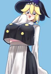 Rule 34 | 1girl, :3, apron, black eyes, black hat, black skirt, black vest, blonde hair, blue background, blue bow, blush, bow, breasts, buttons, commentary request, cookie (touhou), cowboy shot, crop top, crop top overhang, dokagui, hair between eyes, hair bow, hat, hat bow, highres, huge breasts, kirisame marisa, long skirt, looking at viewer, navel, one eye closed, open mouth, shirt, short hair, simple background, skirt, sleeves past fingers, sleeves past wrists, smile, solo, touhou, vest, waist apron, white apron, white shirt, yuuhi (cookie)