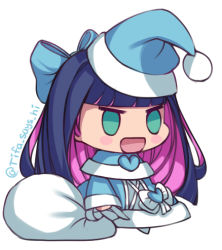 Rule 34 | 1girl, :d, black hair, blue coat, blue hat, blunt bangs, blush stickers, capelet, chibi, christmas, coat, colored inner hair, commentary, fur-trimmed capelet, fur trim, green eyes, hat, holding, holding sack, long hair, long sleeves, lowres, meme, multicolored hair, open mouth, padoru (meme), panty &amp; stocking with garterbelt, pink hair, sack, santa hat, simple background, smile, solo, standing, stocking (psg), tifa amakura, twitter username, white background