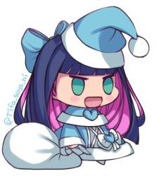 1girl :d black_hair blue_coat blue_hat blunt_bangs blush_stickers capelet chibi christmas coat colored_inner_hair commentary fur-trimmed_capelet fur_trim green_eyes hat holding holding_sack long_hair long_sleeves lowres meme multicolored_hair open_mouth padoru_(meme) panty_&amp;_stocking_with_garterbelt pink_hair sack santa_hat simple_background smile solo standing stocking_(psg) tifa_amakura twitter_username white_background