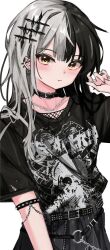 Rule 34 | 1girl, absurdres, akarinnndesu, armband, band shirt, barbell piercing, belt, black belt, black choker, black eyeliner, black hair, black shirt, black skirt, blunt bangs, blush, chain, chain necklace, choker, collar, ear bar, ear piercing, earrings, emo fashion, expressionless, eyelashes, eyeliner, fishnets, goth fashion, hair between eyes, hair flowing over, hair ornament, hand up, highres, hololive, hololive english, industrial piercing, jewelry, long hair, looking at viewer, makeup, merchandise, messy hair, multicolored hair, multiple piercings, multiple rings, necklace, piercing, pleated skirt, ring, shiori novella, shirt, simple background, skirt, solo, split-color hair, strap, studded belt, two-tone hair, virtual youtuber, white background, white hair, yellow eyes
