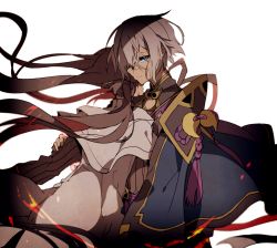 Rule 34 | 1boy, 1girl, akuta hinako, black sweater, blood, blood on face, blue eyes, brown hair, capelet, chinese clothes, commentary request, fate/grand order, fate (series), hair between eyes, hair over one eye, hand on another&#039;s arm, hiiragi fuyuki, hug, imminent bite, light smile, long hair, prince of lan ling (fate), ribbed sweater, short hair, simple background, sweater, turtleneck, turtleneck sweater, vampire, very long hair, white background, white capelet, white hair