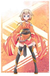 Rule 34 | 1girl, belt, black thighhighs, blue eyes, boots, cevio, commentary, detached sleeves, ekaki-ya okamoto, expressionless, full body, hand on own hip, highres, japanese clothes, kimono, obi, one (cevio), orange background, orange kimono, orange sleeves, platinum blonde hair, sash, short hair, solo, standing, thigh boots, thighhighs, wide sleeves