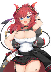 Rule 34 | 1girl, black choker, blue archive, blue eyes, breasts, choker, clothes around waist, demon horns, demon tail, dirty, garter straps, gas tank, gloves, goggles, goggles on head, hand on own hip, highres, horns, large breasts, megu (blue archive), ponytail, red hair, ribbed tank top, sakikumo (sakumo), skirt, tail, tank top, white background