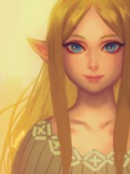 Rule 34 | 1girl, artist name, bellhenge, blonde hair, blue eyes, closed mouth, collarbone, highres, hyrule warriors, long hair, looking at viewer, md5 mismatch, nintendo, parted bangs, photo (medium), pointy ears, princess zelda, resized, resolution mismatch, smile, solo, source smaller, the legend of zelda, upper body, upscaled, yellow background