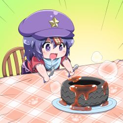 Rule 34 | 1girl, :3, beret, blue eyes, blue hair, blush stickers, chair, chibi, drooling, expressive clothes, female focus, fork, hat, holding, holding fork, jiangshi, jinnouchi akira, knife, matching hair/eyes, miyako yoshika, ofuda, open mouth, outstretched arms, paw print, plate, sauce, shirt, short hair, sitting, skirt, solo, table, tire, touhou, zombie pose